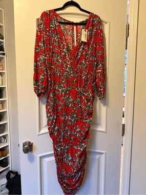 Red Floral V-Neck Midi Dress